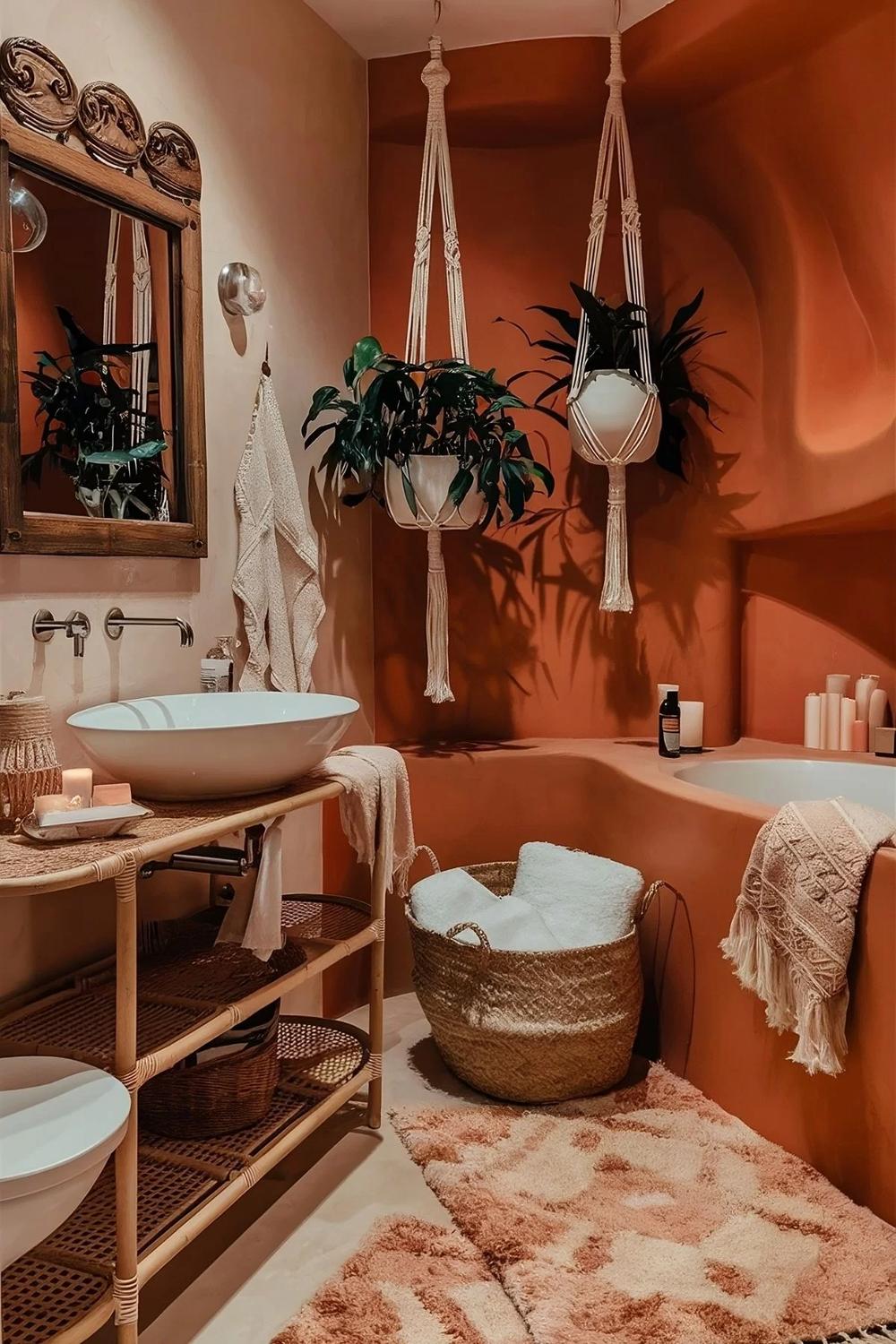 A serene bathroom featuring a double basin sink and soothing orange accents.