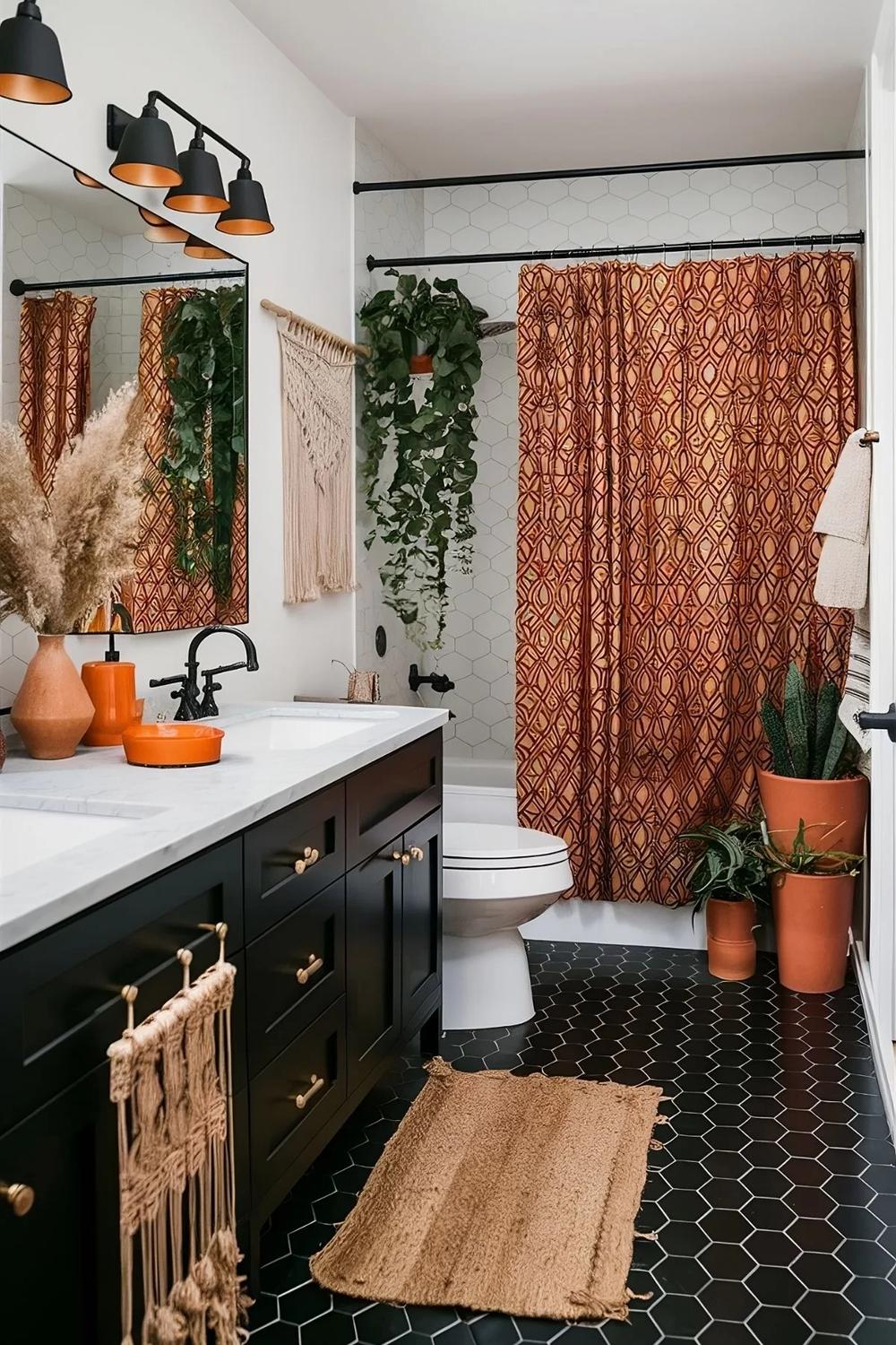 A stylish boho bathroom showcasing a geometric patterned shower curtain and sleek light fixtures.