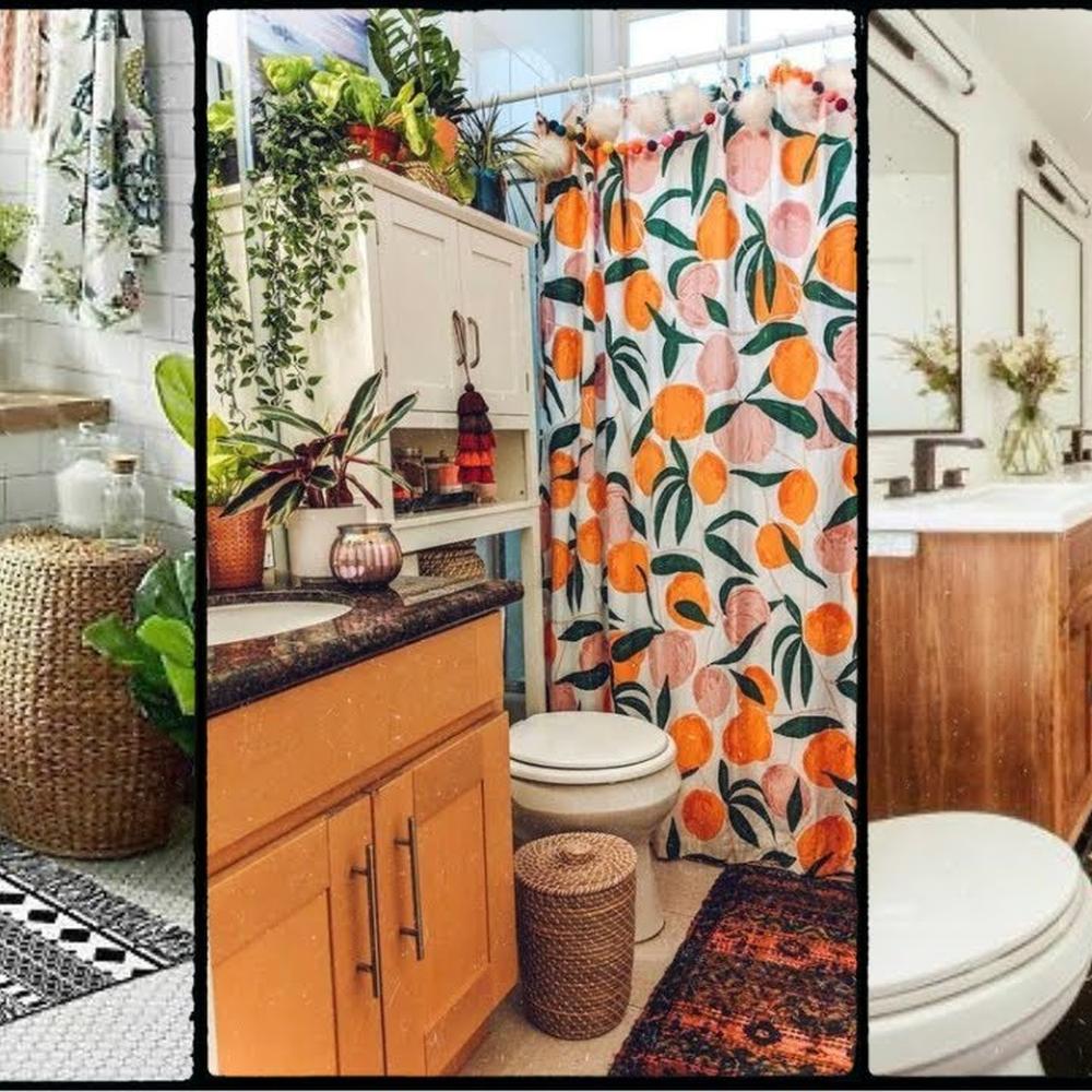 A bohemian bathroom featuring plenty of plants and warm tones.