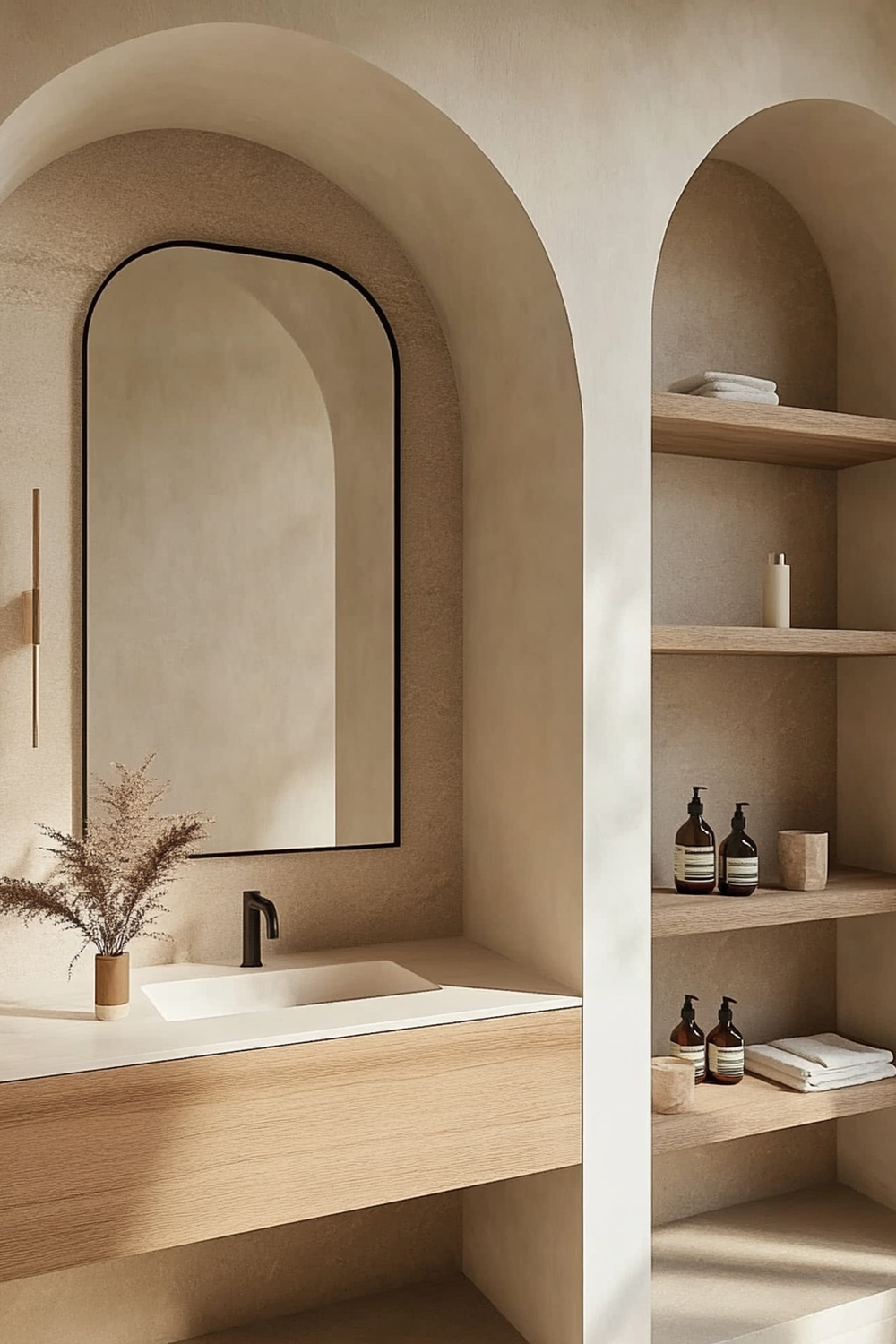 Baño orgánico con arquitectura arqueada y mueble de madera clara