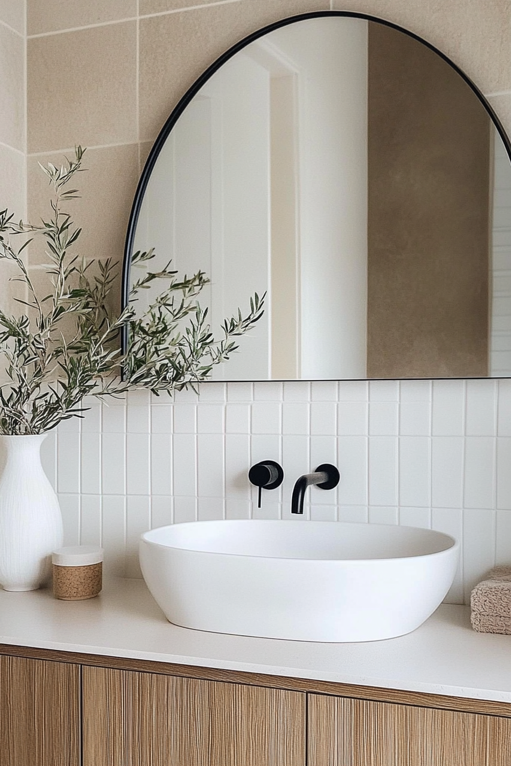 Baño moderno con fregadero ovalado y grifos de pared