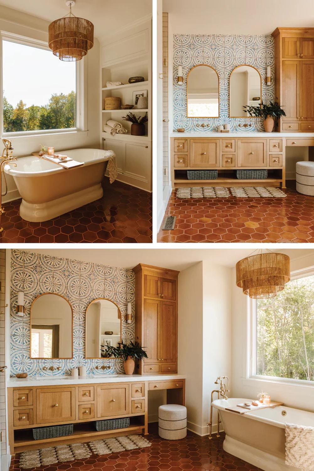 Baño con bañera de crema y azulejos terre cuite