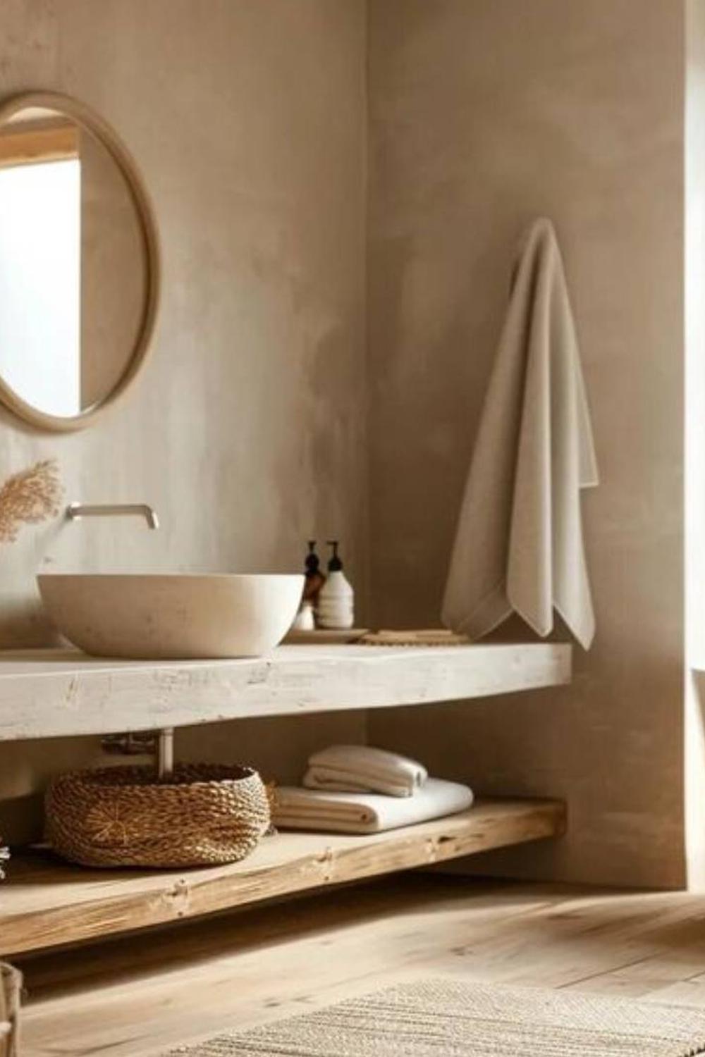 Baño tranquilo con elementos naturales y confortables