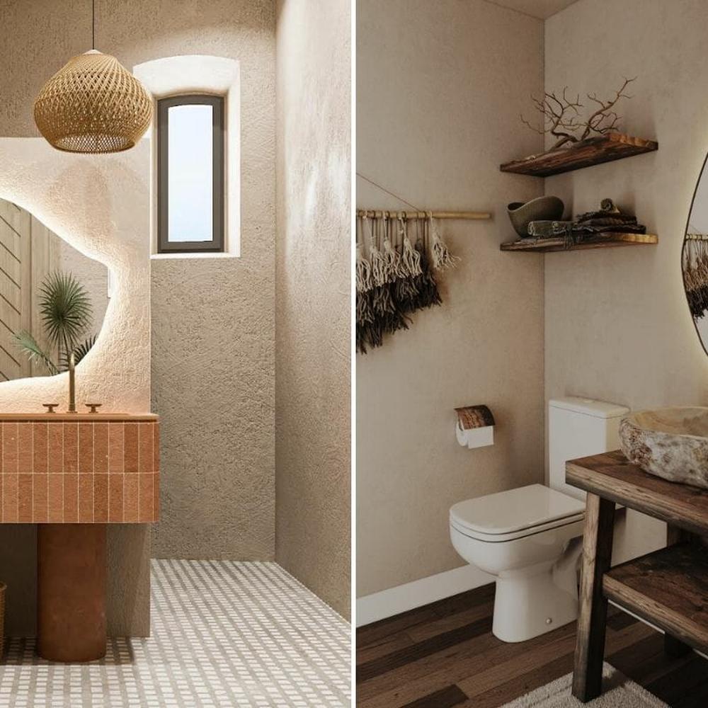 Diseño de baño moderno dividido en secciones con toques orgánicos