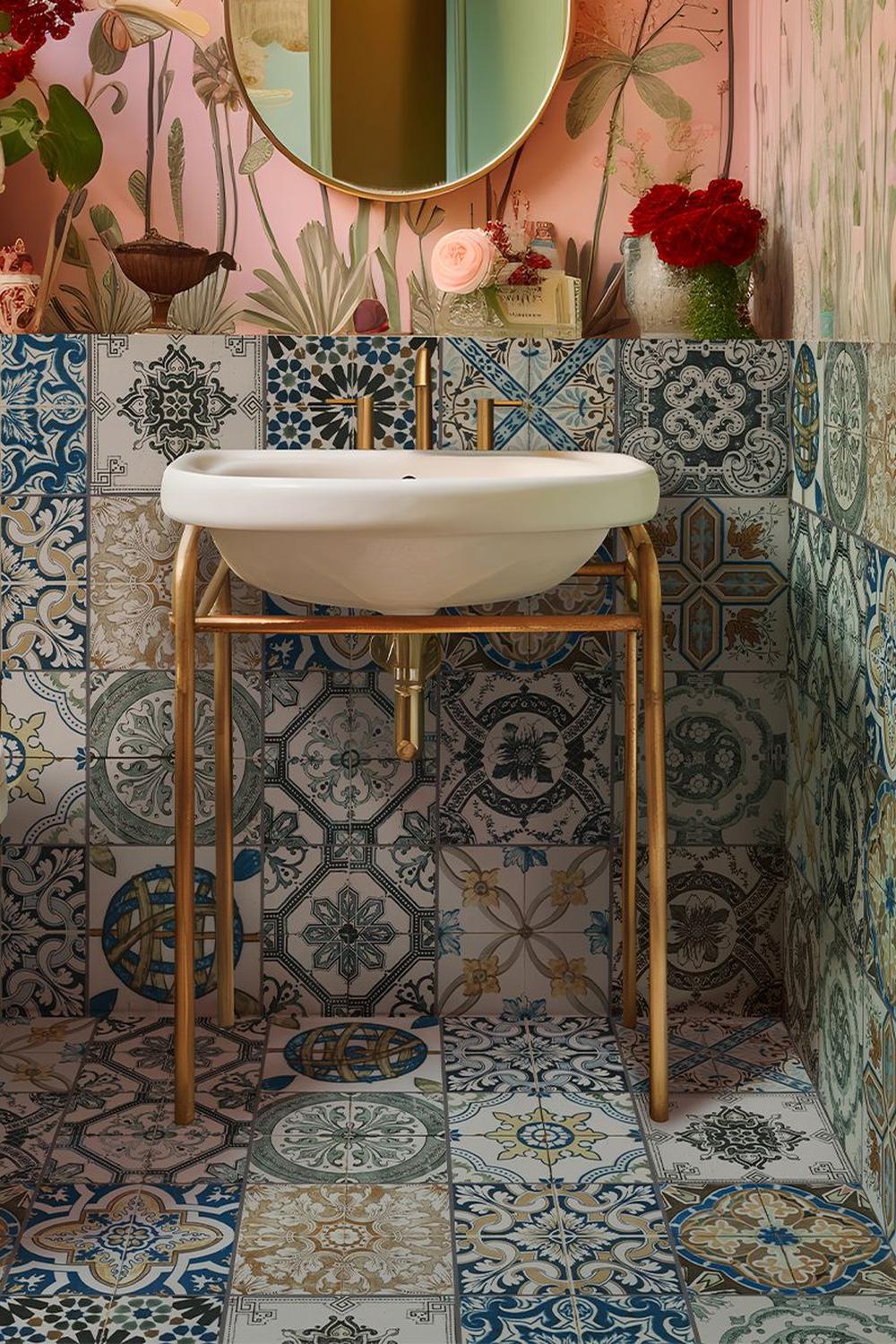 Artistic patterns in earthy tones and floral motifs add vibrancy to the bathroom.