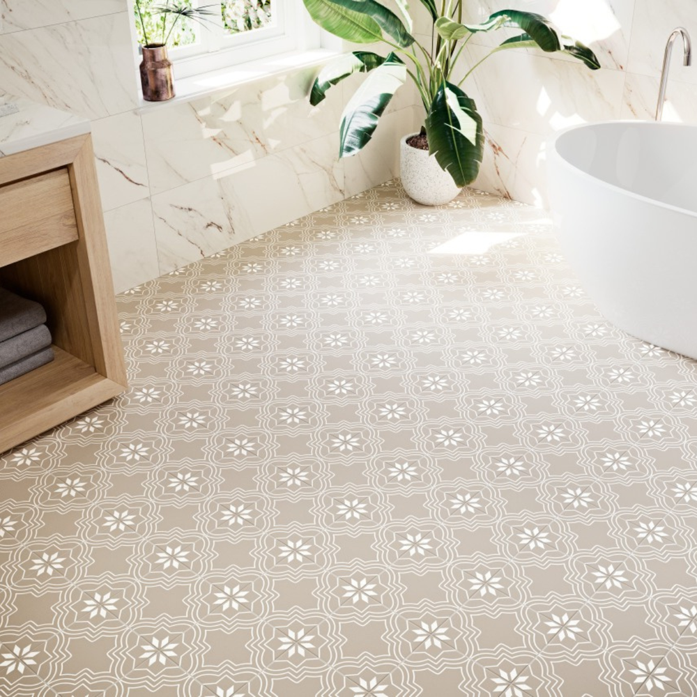 Intricate floral motifs on a soft beige background offer a warm and inviting atmosphere.