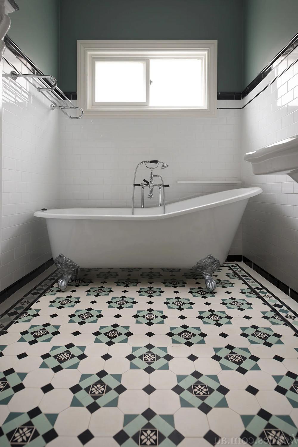 Vintage elegance defined by intricate patterned floor tiles.
