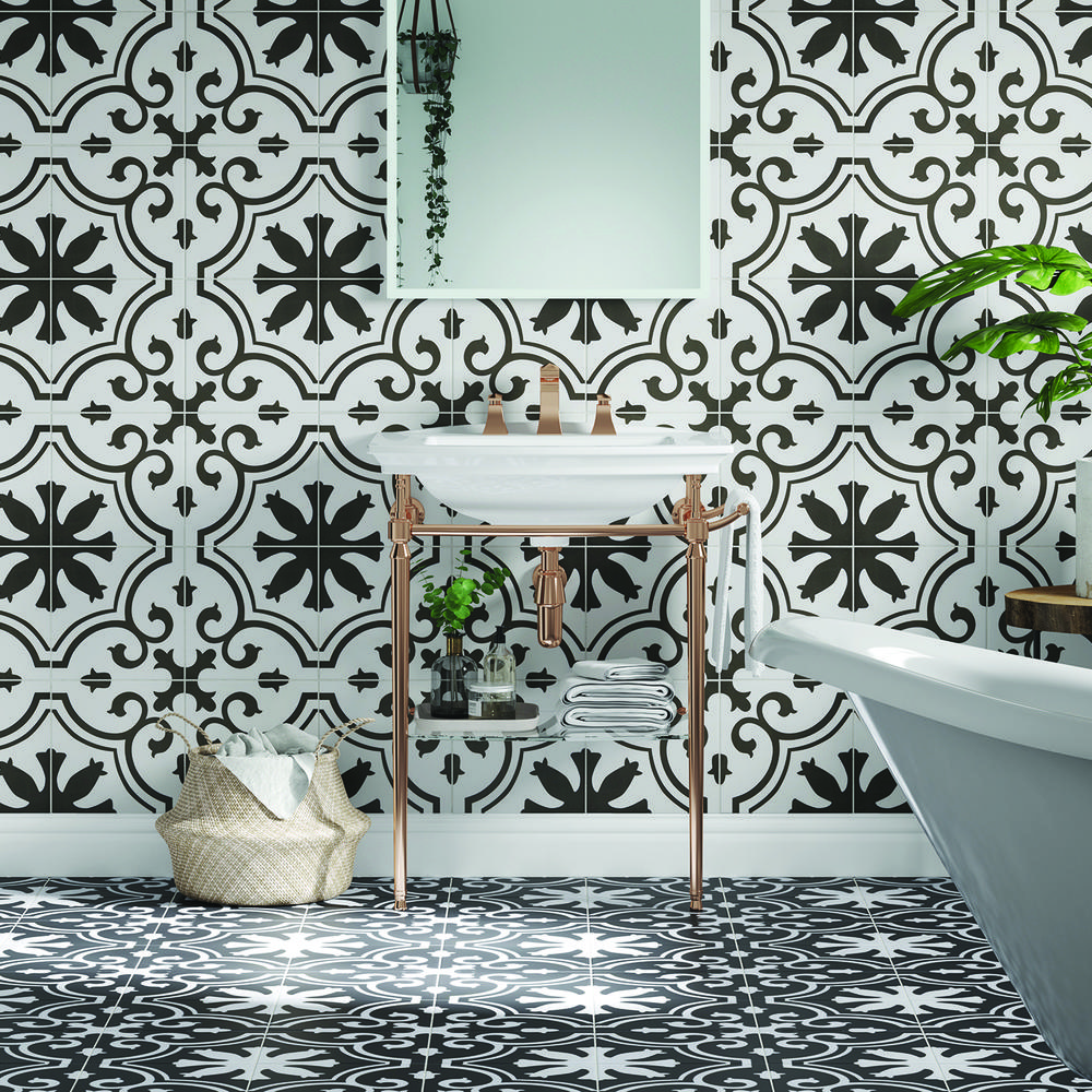 Classic black and white contrast in stylish bathroom design.