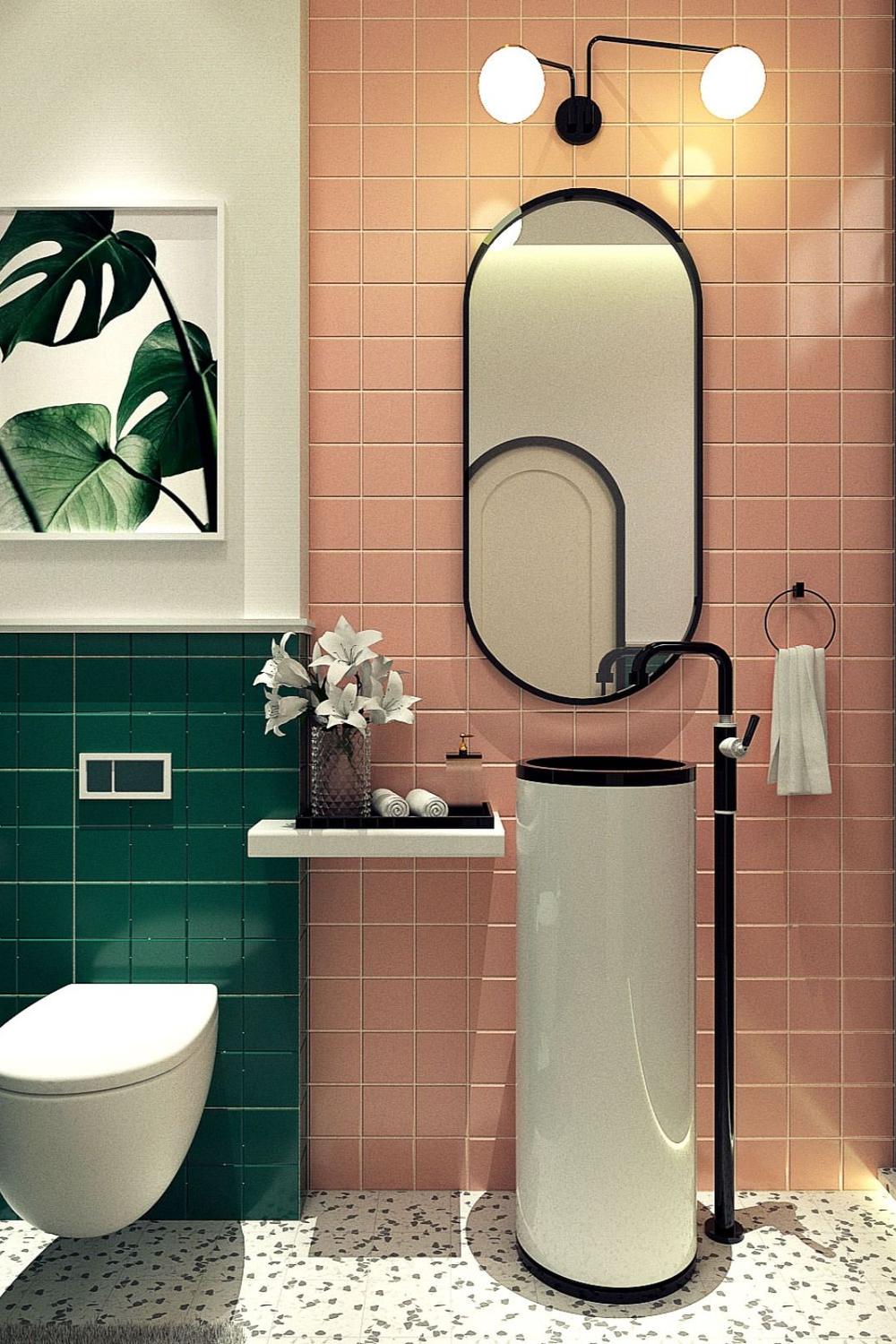 Stylish bathroom design blending peach and green tile elements