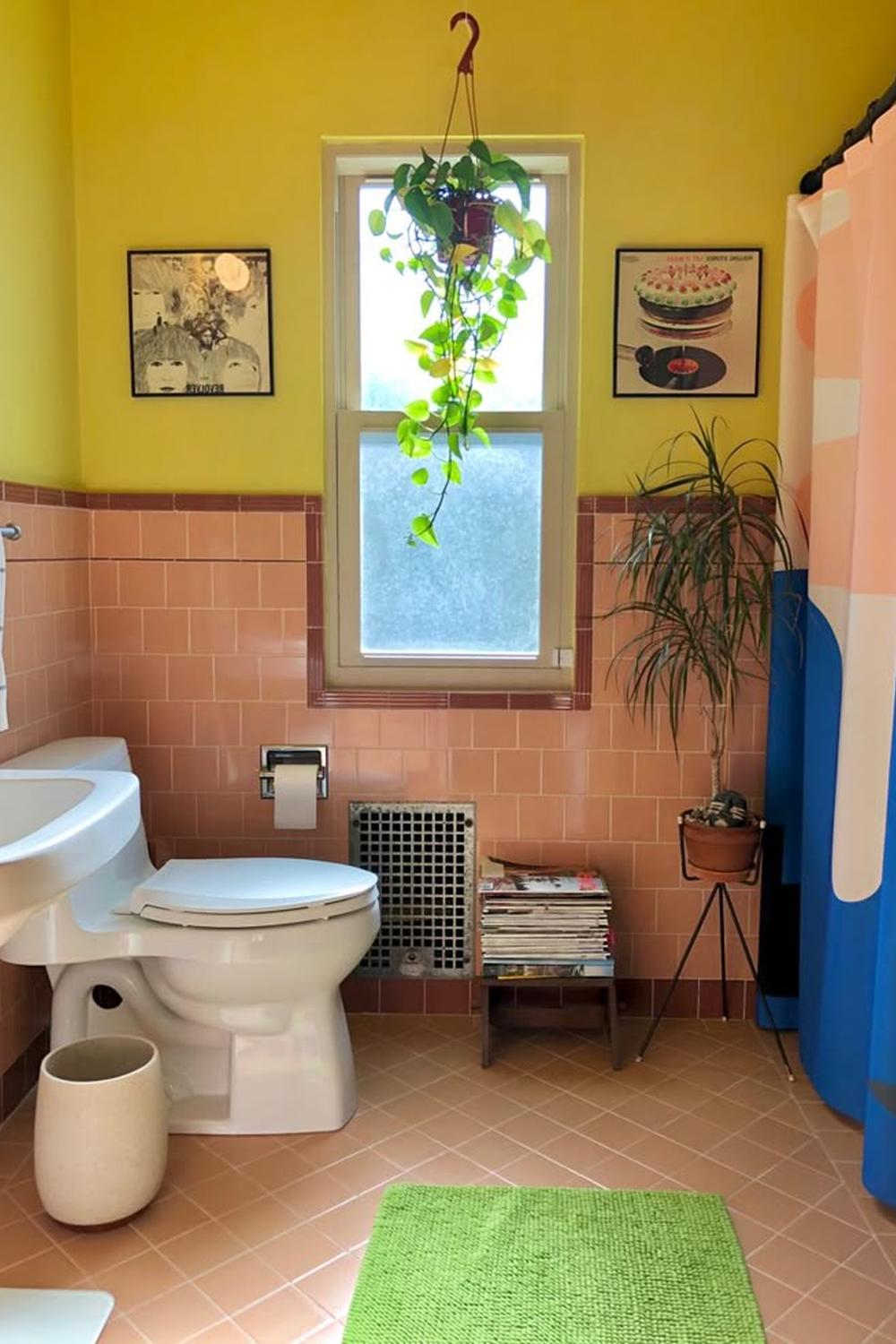 Charming bathroom with retro aesthetics and peach tiles