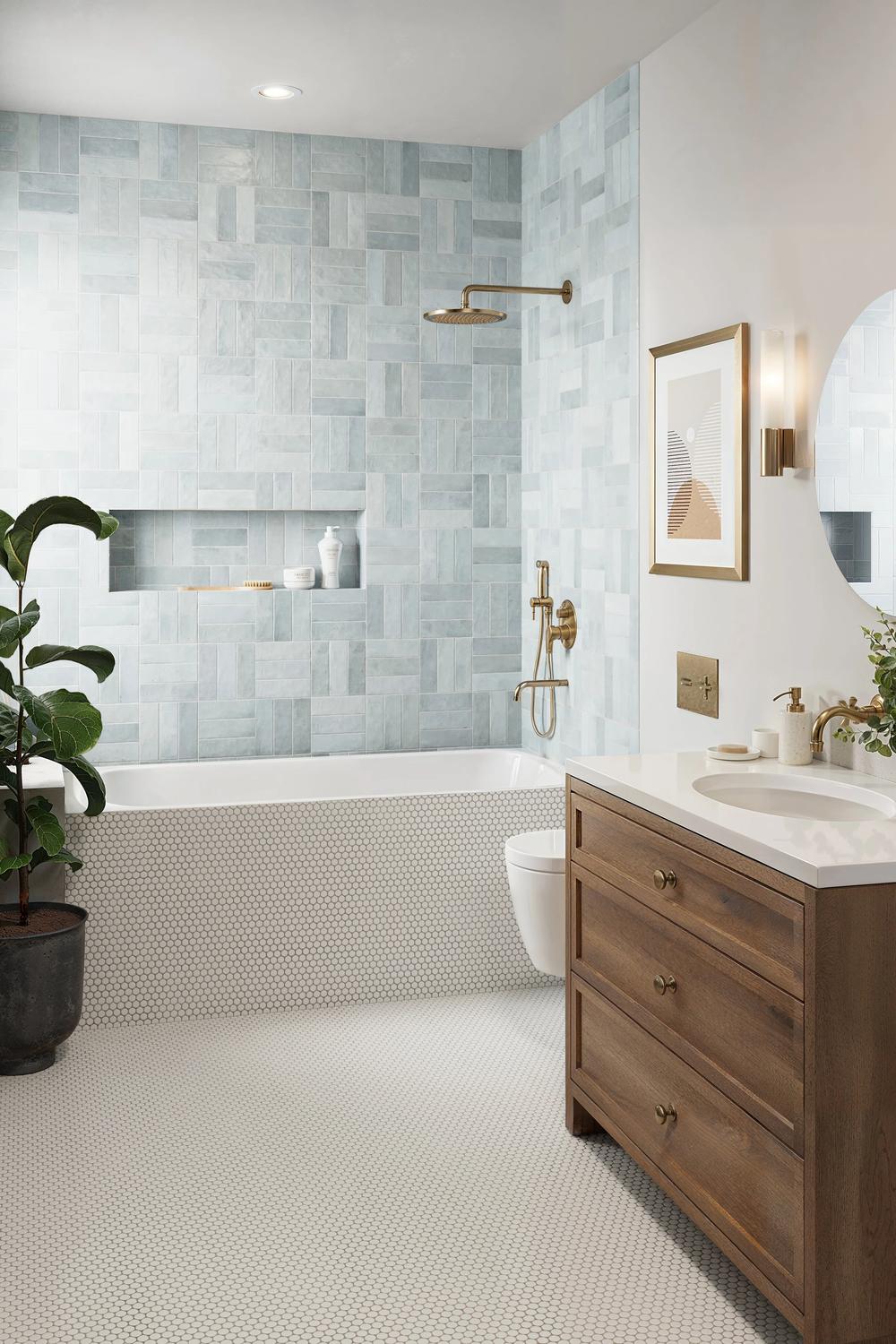 A soothing bathroom featuring light blue tiles and a cozy atmosphere.