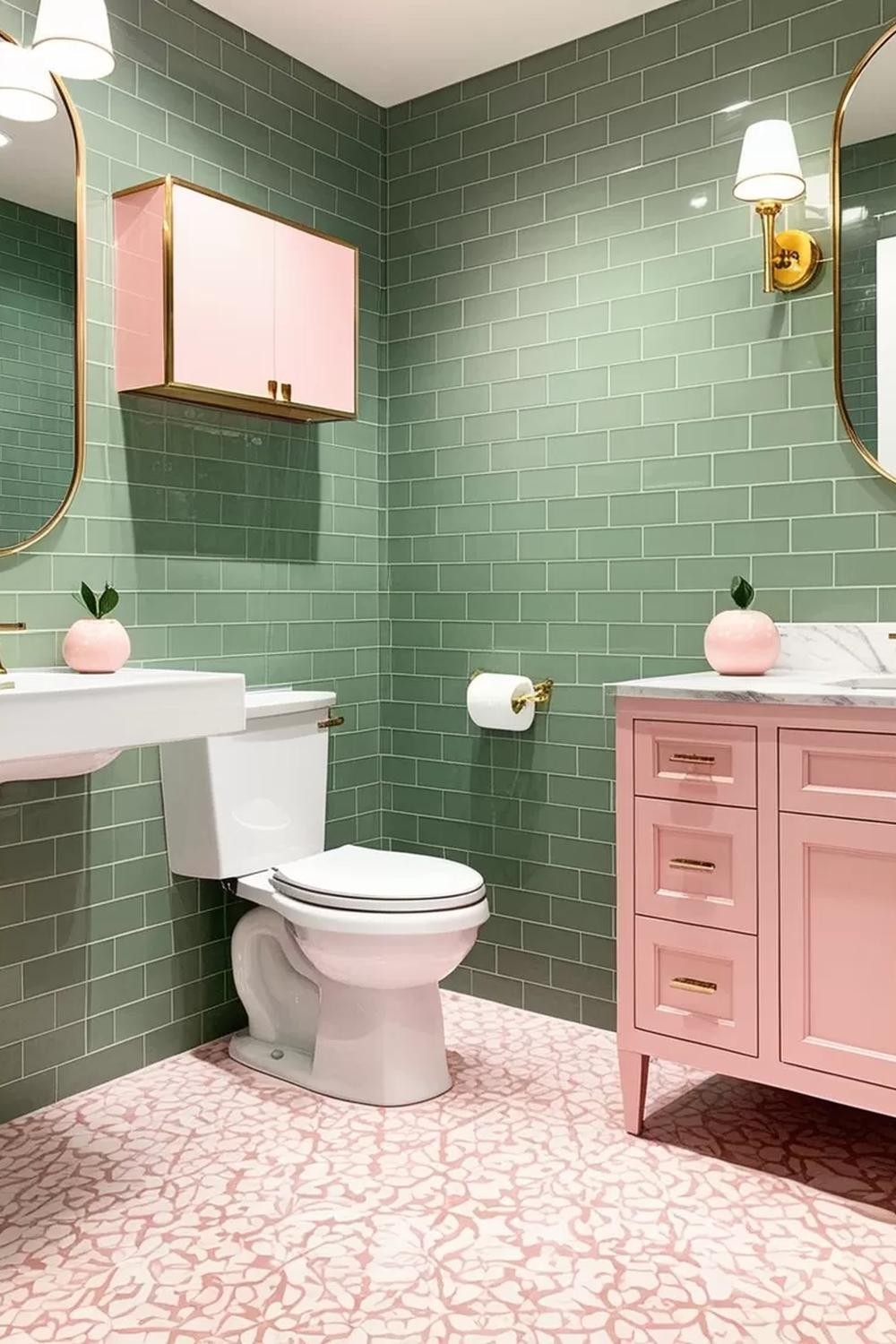 Modern bathroom with green subway tiles and pink cabinet