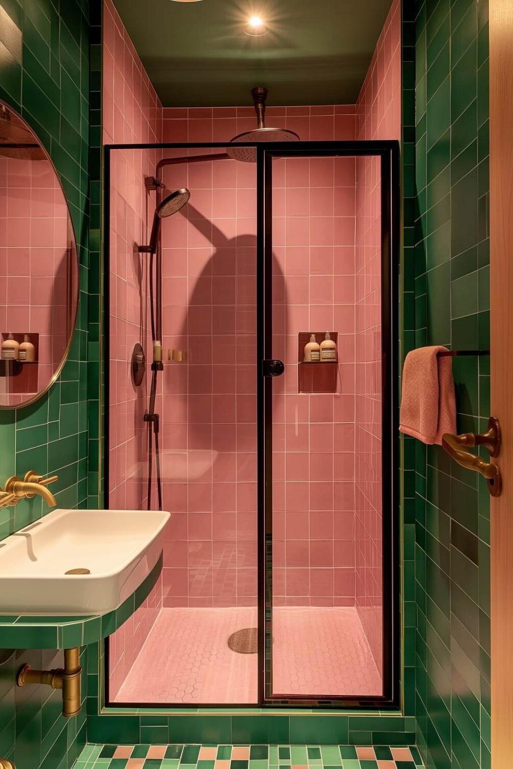 Stylish bathroom with sleek black frame and pink tiles