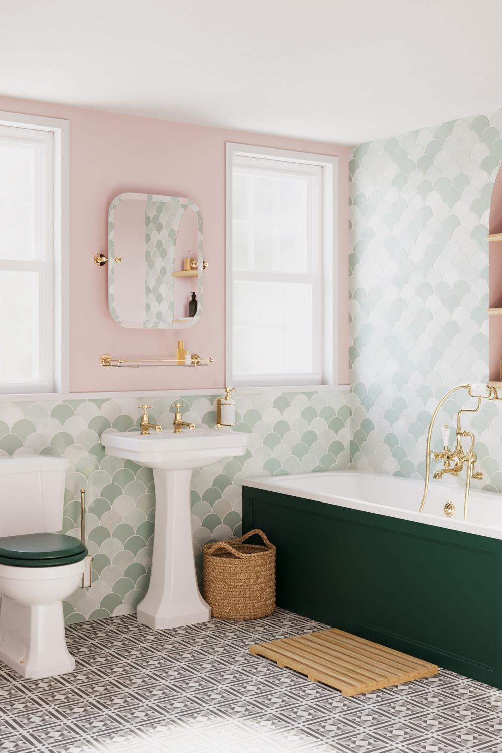Stylish bathroom featuring pink and green designs with vintage accents