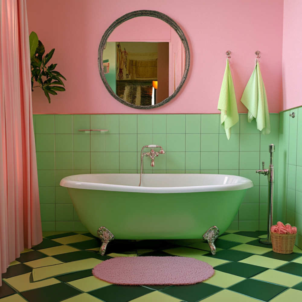 Whimsical pink and green bathroom showcasing vintage style