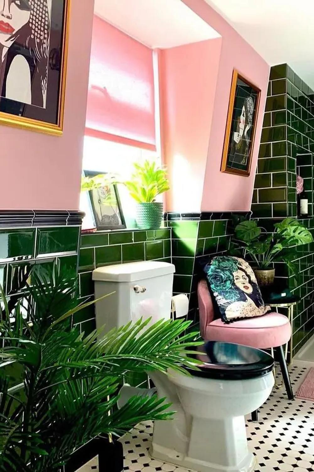 Charming bathroom design featuring pink and green tones