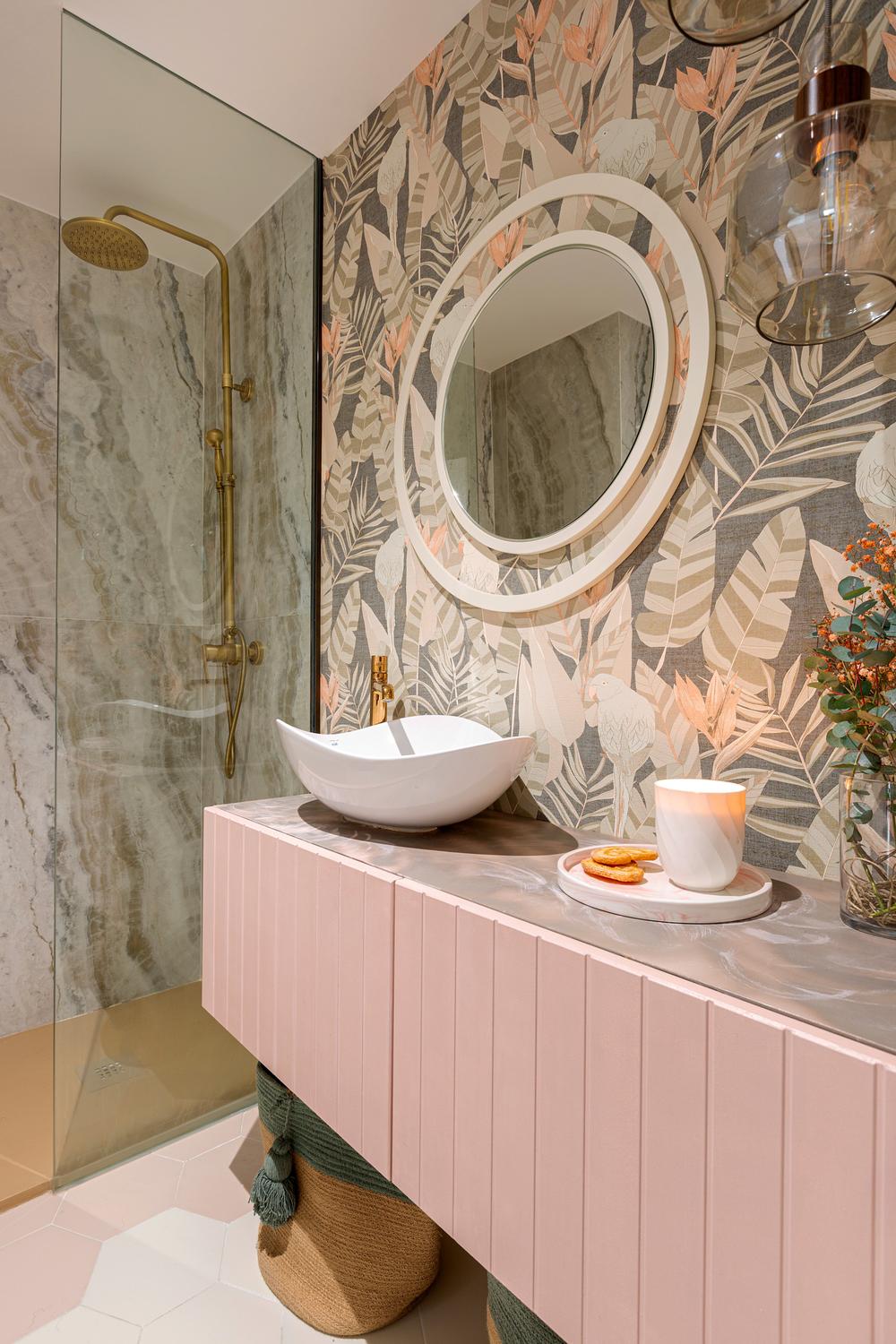 A vibrant bathroom with floral patterns and contemporary fixtures.