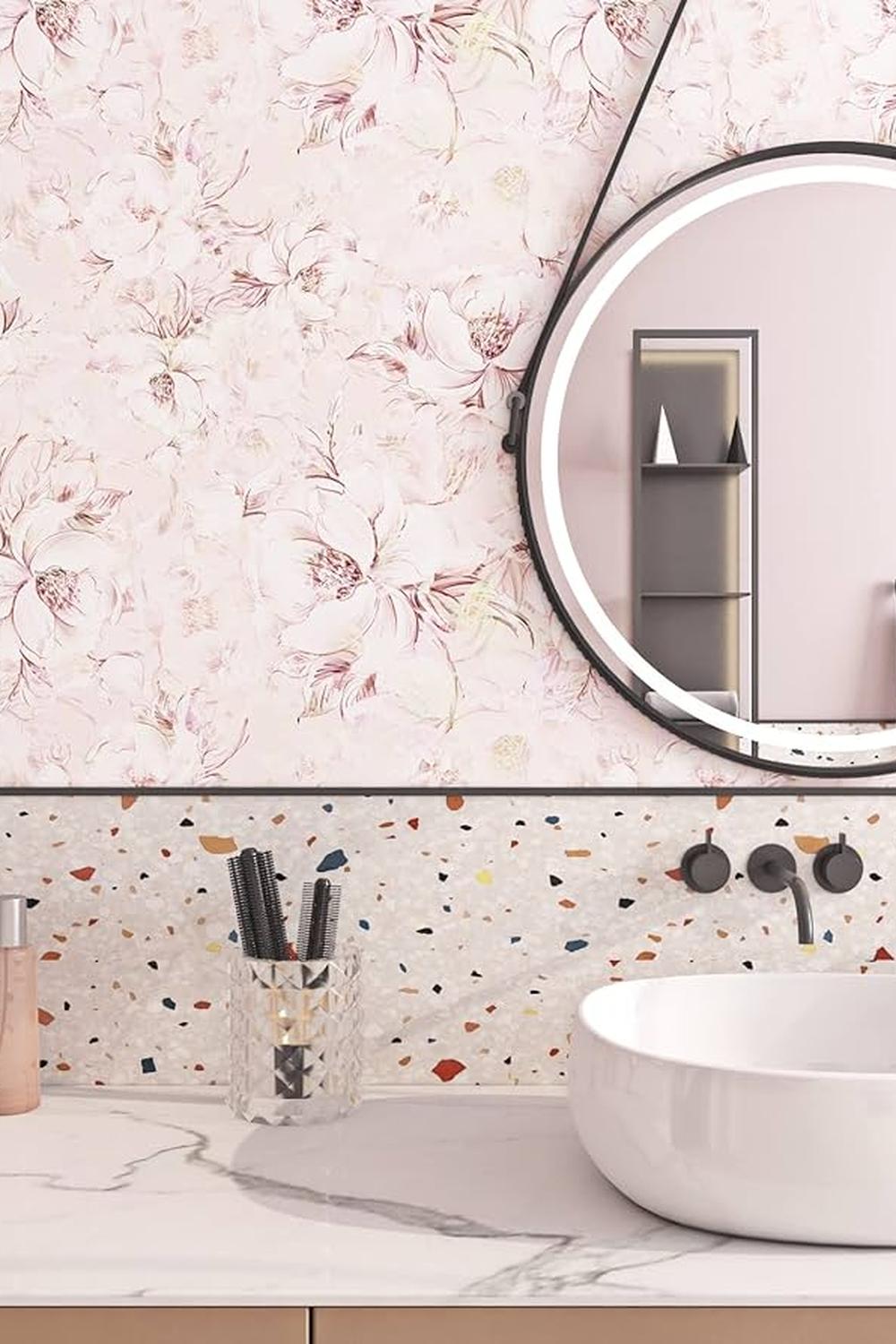 Stylish bathroom featuring pink floral wallpaper with delicate flowers and modern fixtures