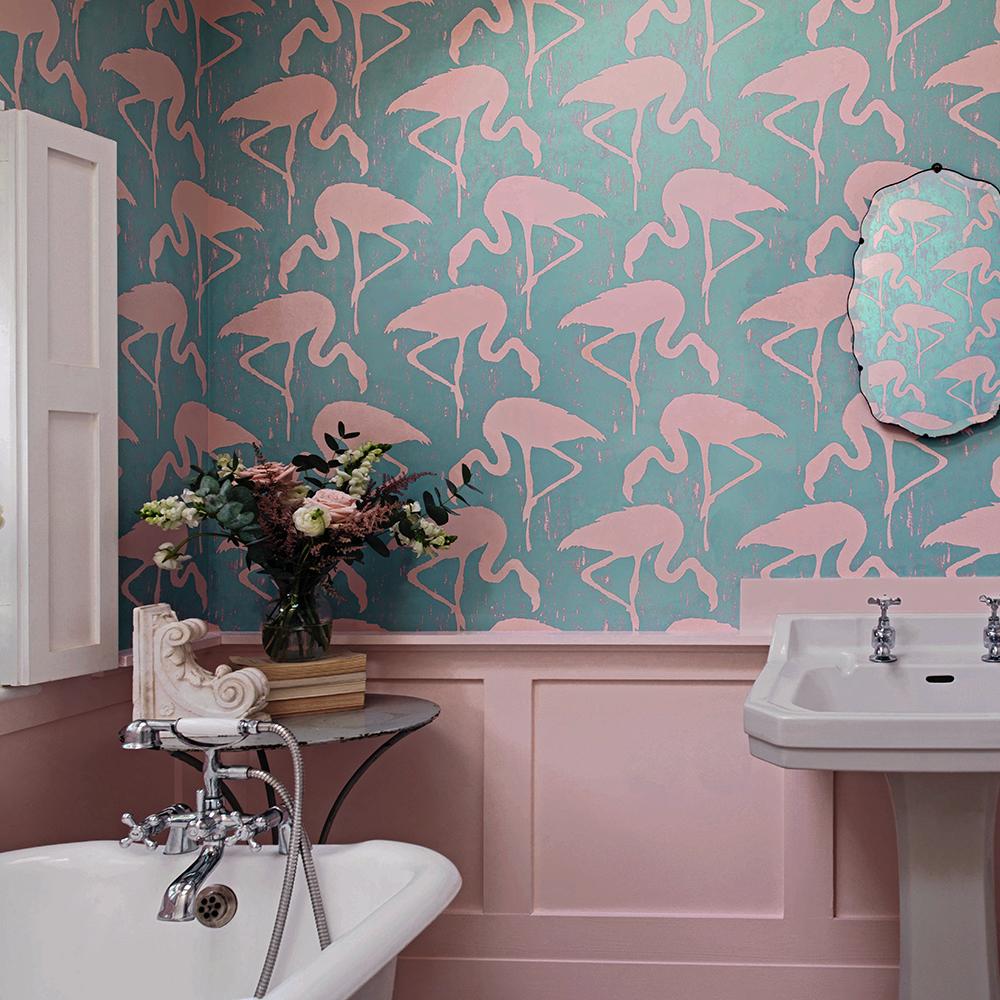 Charming bathroom featuring flamingo wallpaper and elegant fixtures