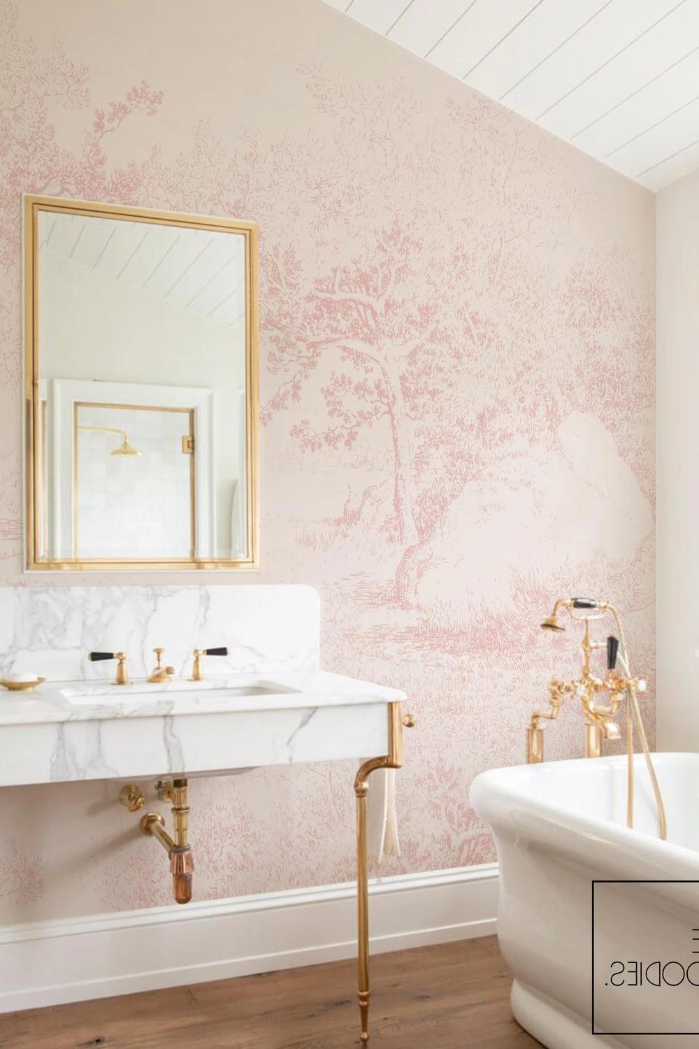 Stylish bathroom with intricate nature-inspired pink wallpaper