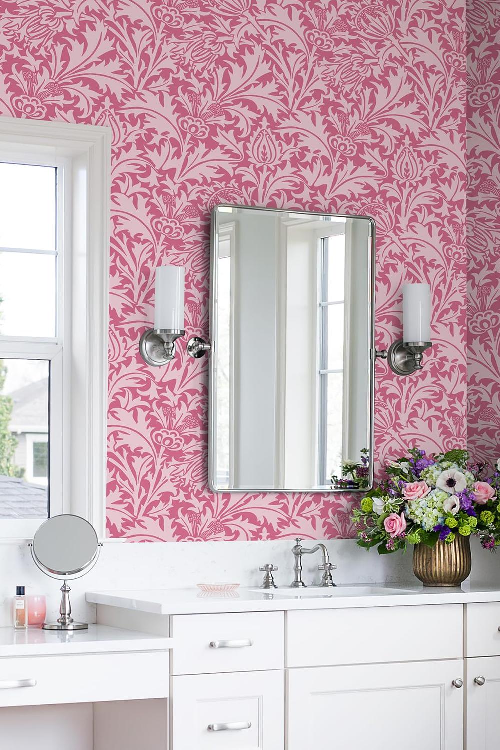 Stylish bathroom featuring floral and leaf wallpaper