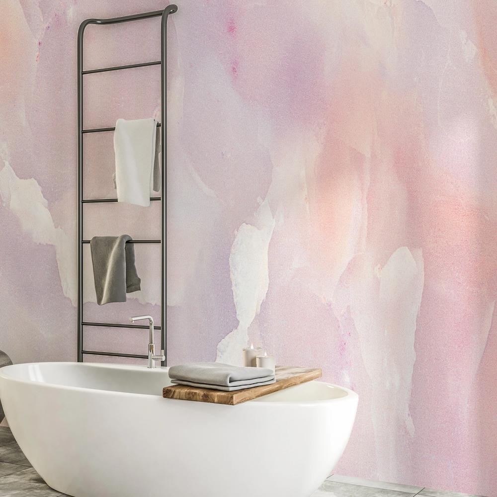 Stylish bathroom featuring artistic watercolor wallpaper design
