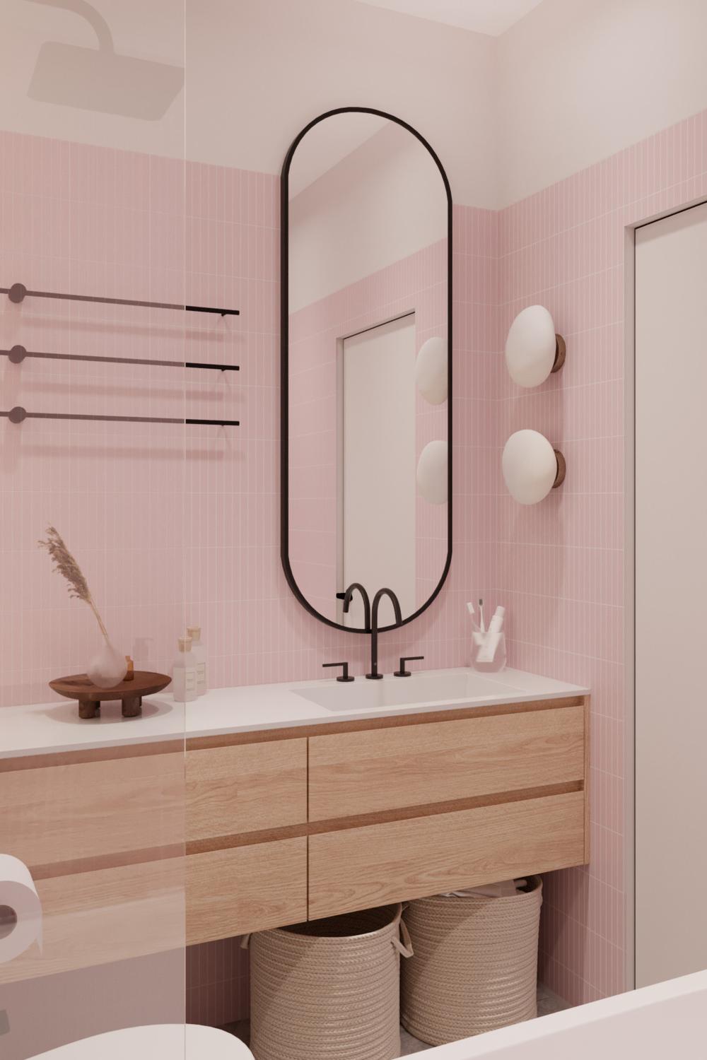 Soft pink rustic bathroom featuring elegant lighting and decor.