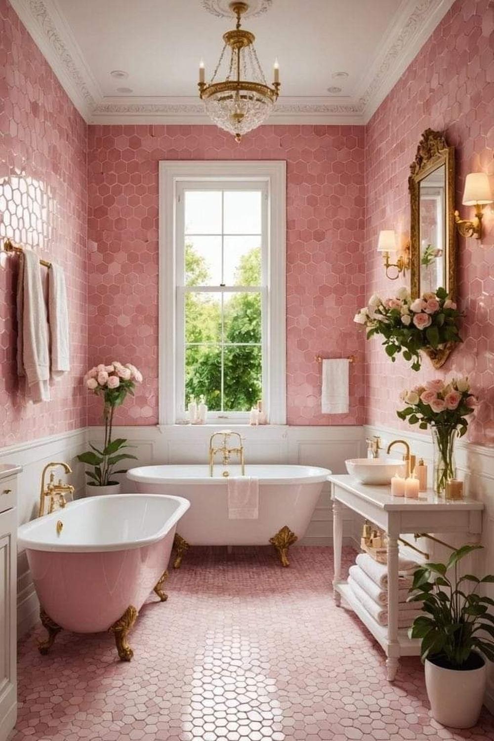 Bright pink rustic bathroom featuring fun flooring and stylish features.