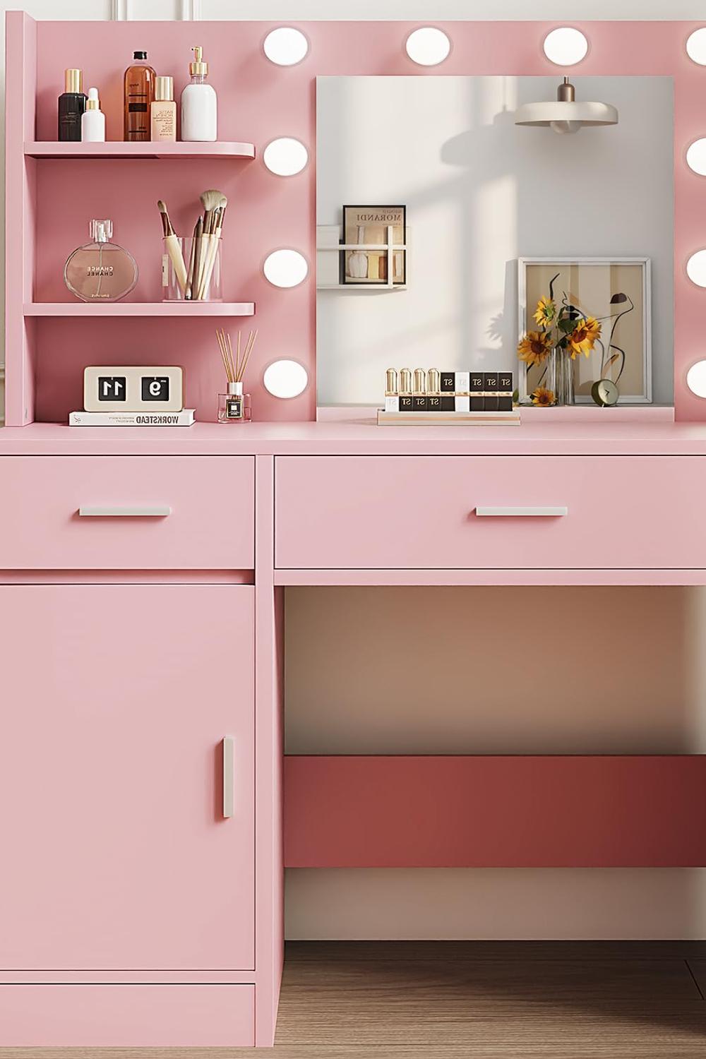 Tocador rosa moderno con estante de almacenamiento