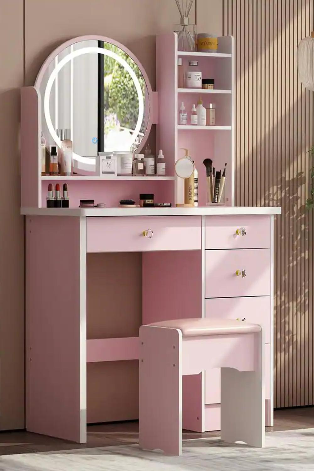 Personalized pink vanity showcasing joyful organization and playful charm.