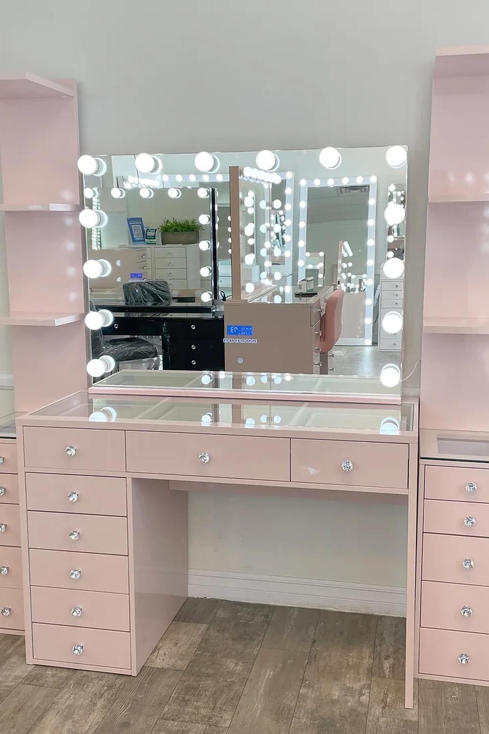 Unified pink vanity arrangement featuring cohesive design and organized decor.