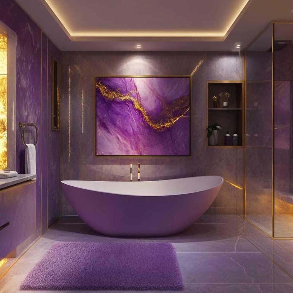bathroom with purple marble walls, freestanding bathtub, and gold accents.