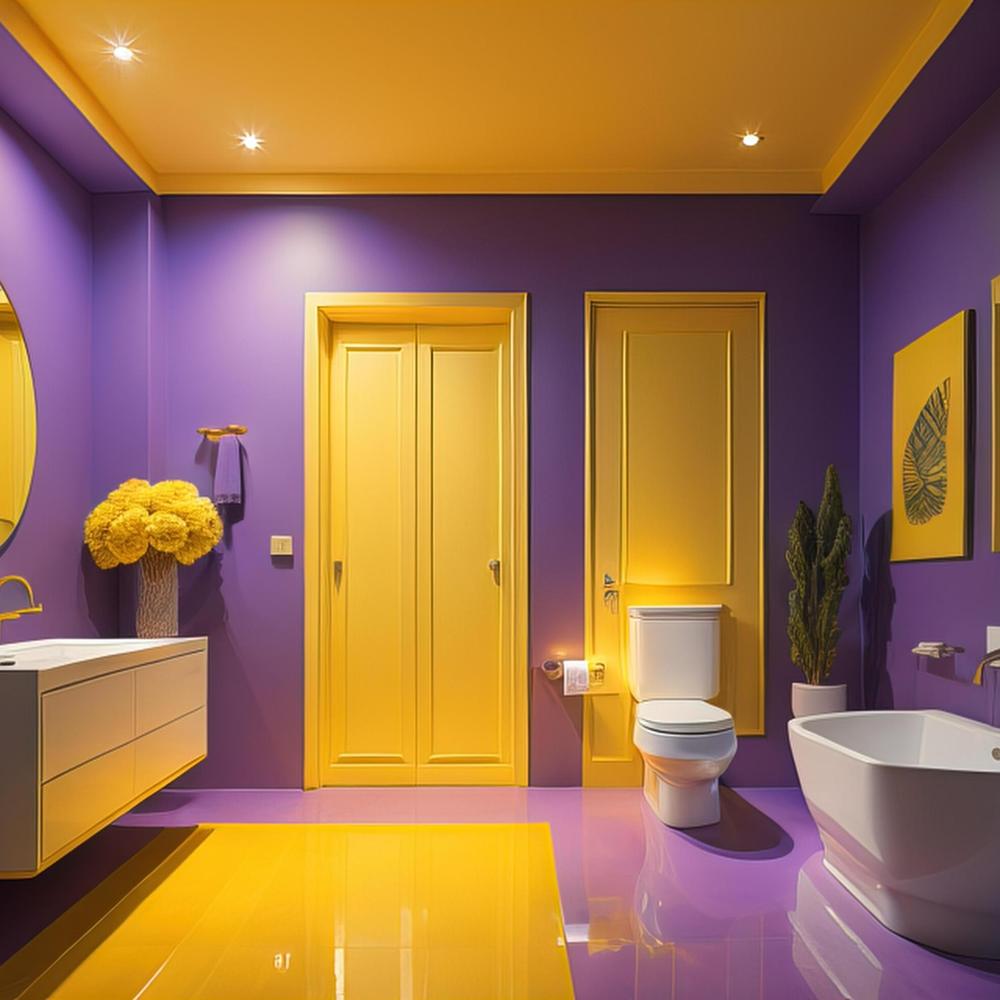 Bright bathroom featuring purple walls and yellow accents for a cheerful ambiance.