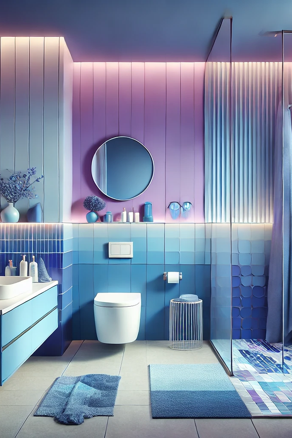 Bathroom designed with a gradient from soft purple to deep blue for a calming ambiance.