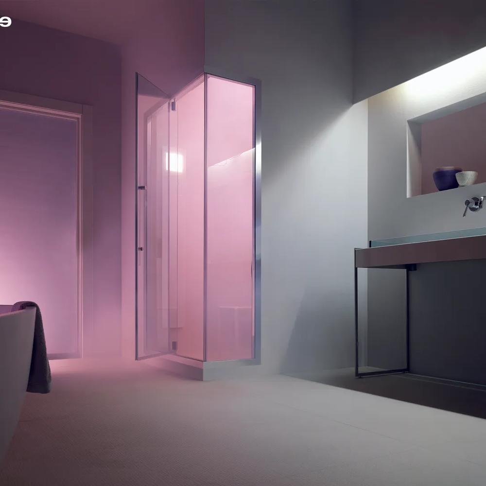 Contemporary bathroom combining purple tones with cozy textiles and modern designs.