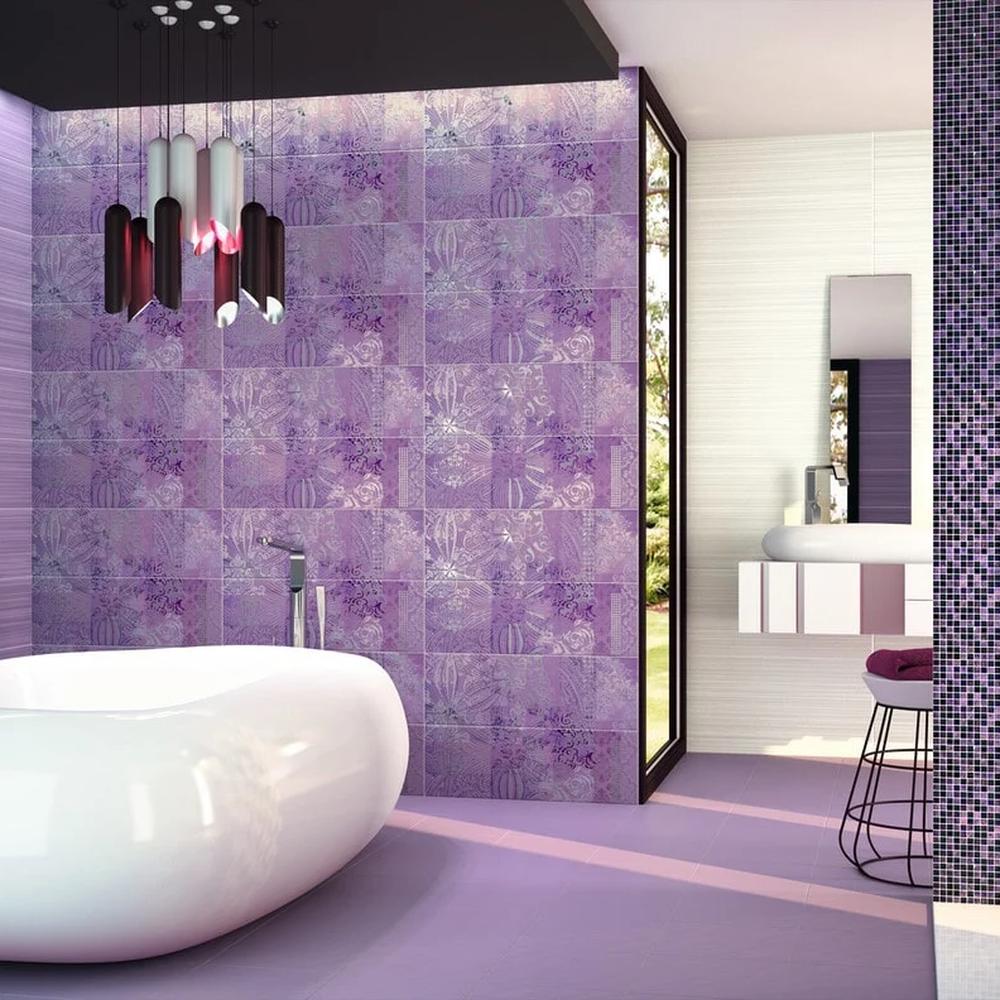 Contemporary bathroom with textured purple wall tiles and a freestanding bathtub.
