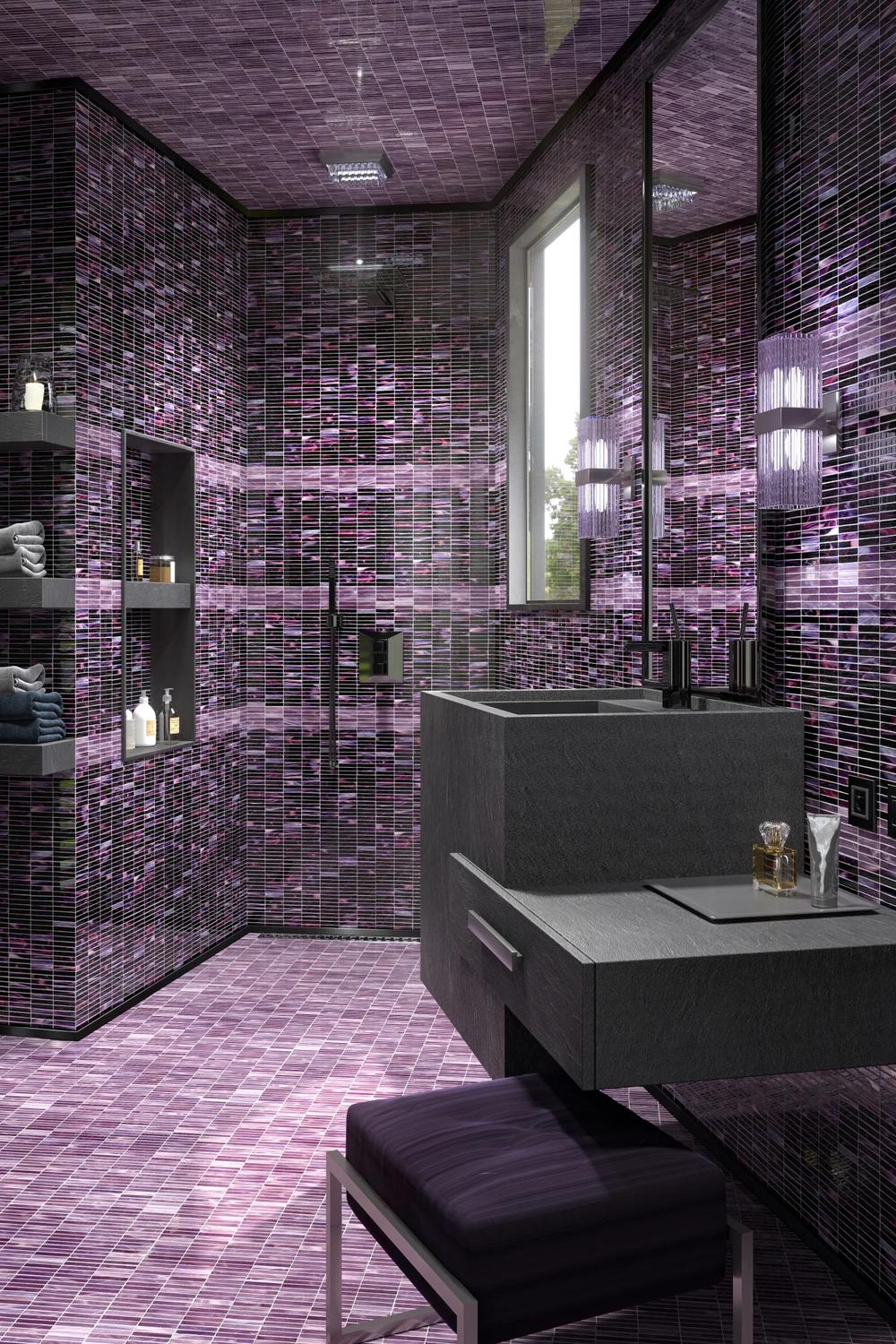 Modern bathroom with glossy purple tiles adorning both walls and ceiling