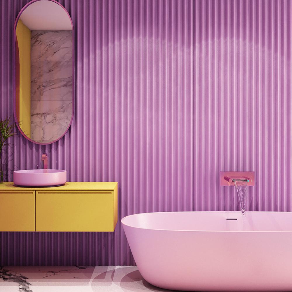 Bathroom with ribbed purple tile walls and trendy fixtures