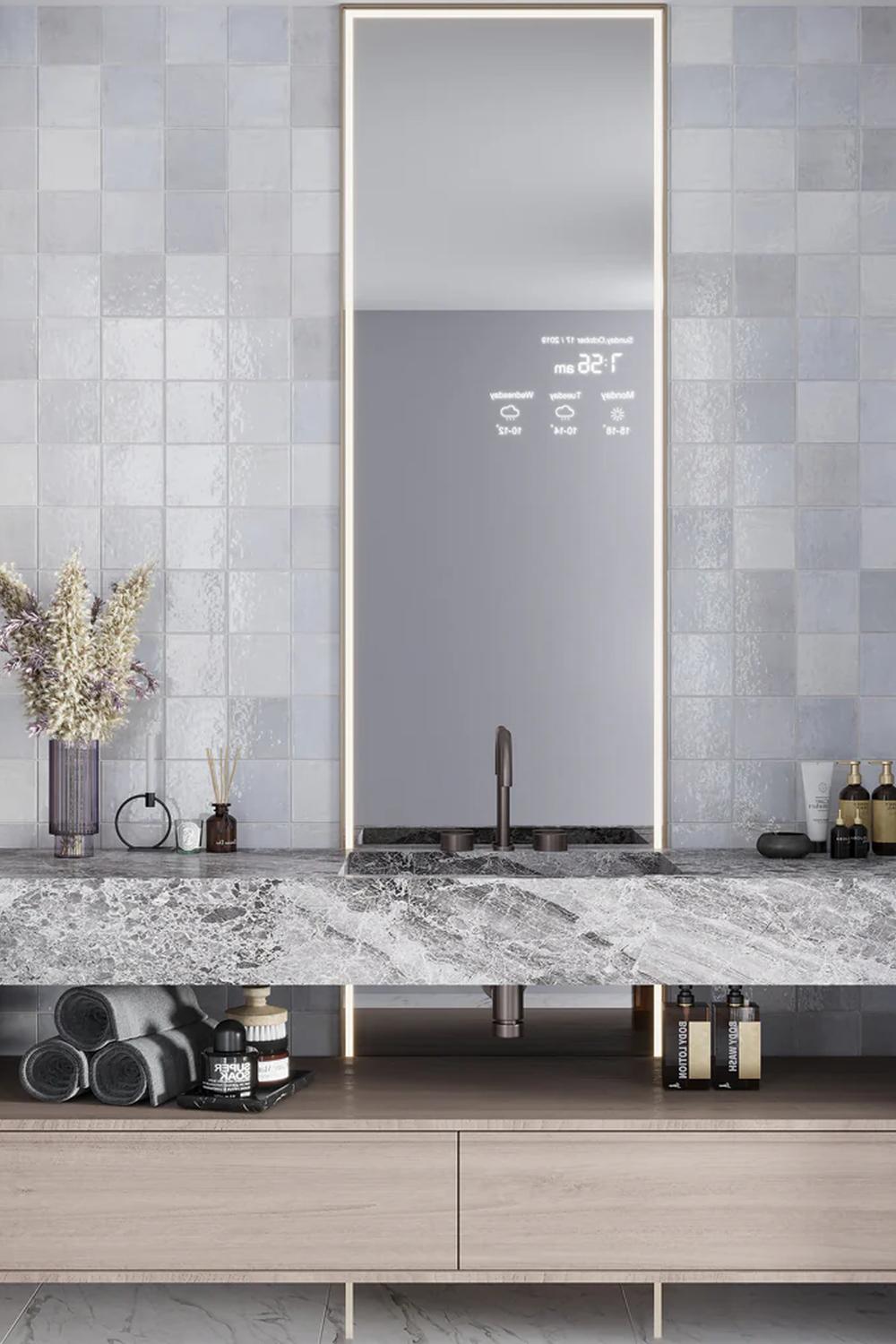 Modern bathroom with playful purple tile design and LED mirror