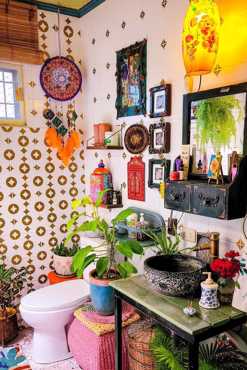 Quirky bathroom design with vibrant colors and geometric patterns
