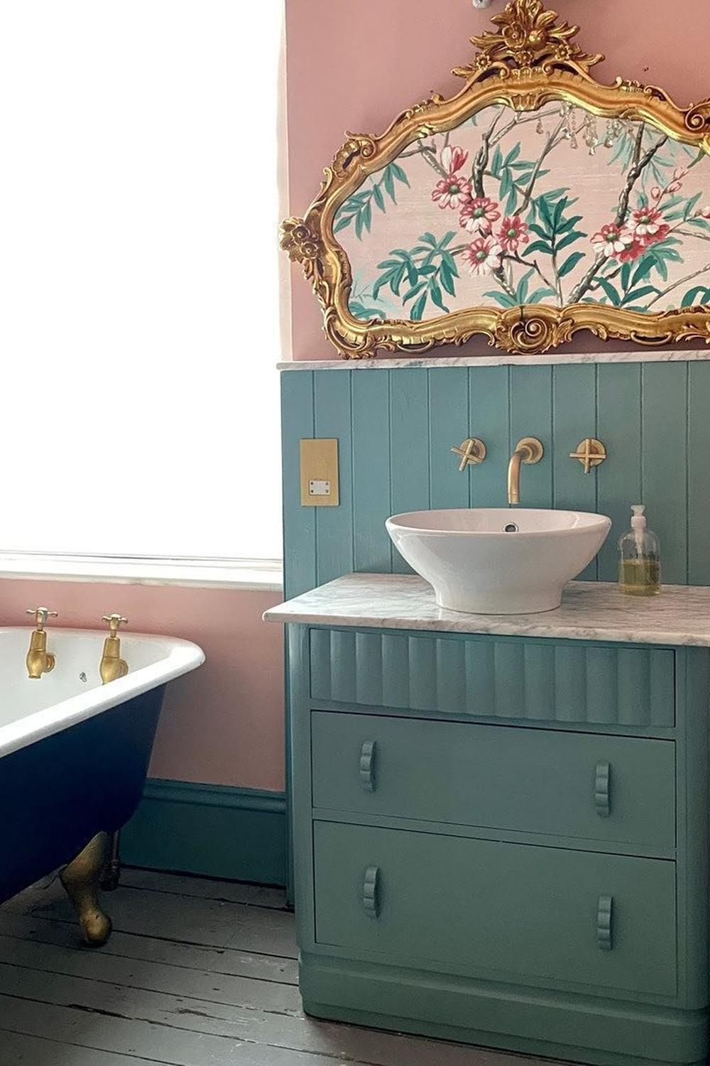 Chic bathroom design blending pastel pink and mint green elements