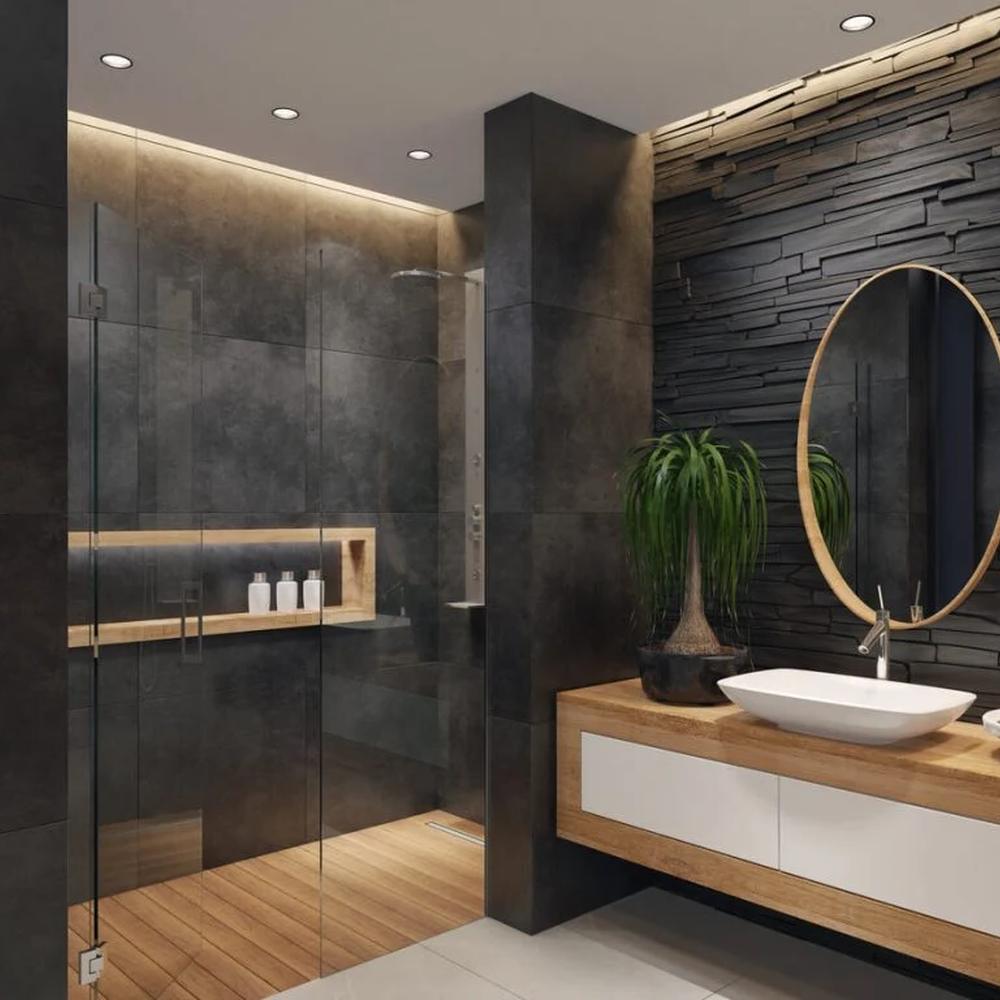 Contemporary bathroom featuring sleek design elements and dark tiles