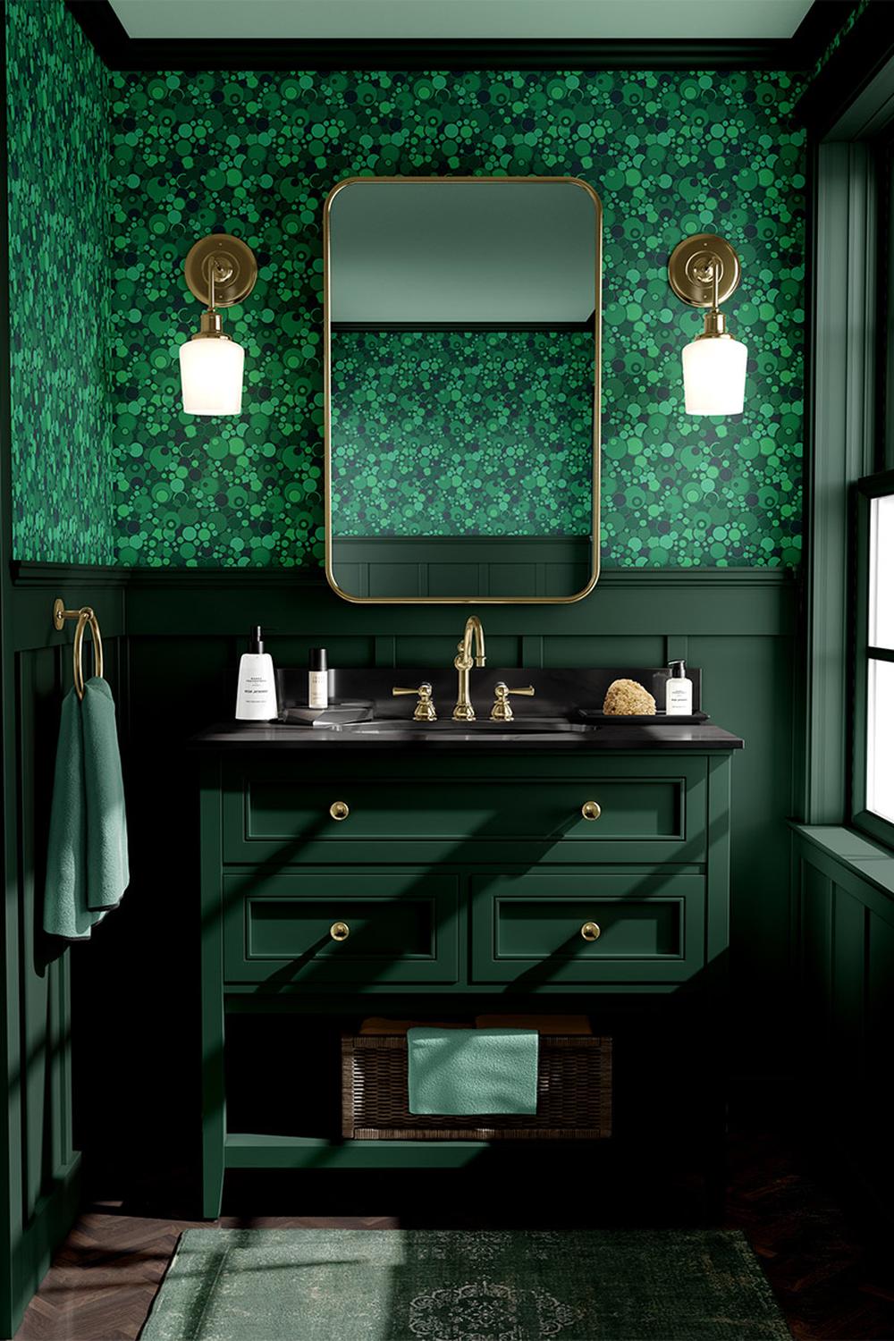 Charming bathroom decorated in rich green hues with elegant fixtures
