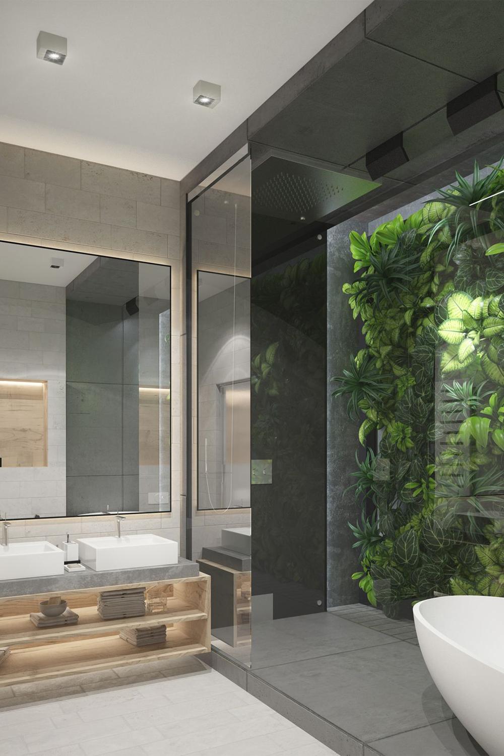 Bathroom featuring a vertical garden wall and modern fixtures