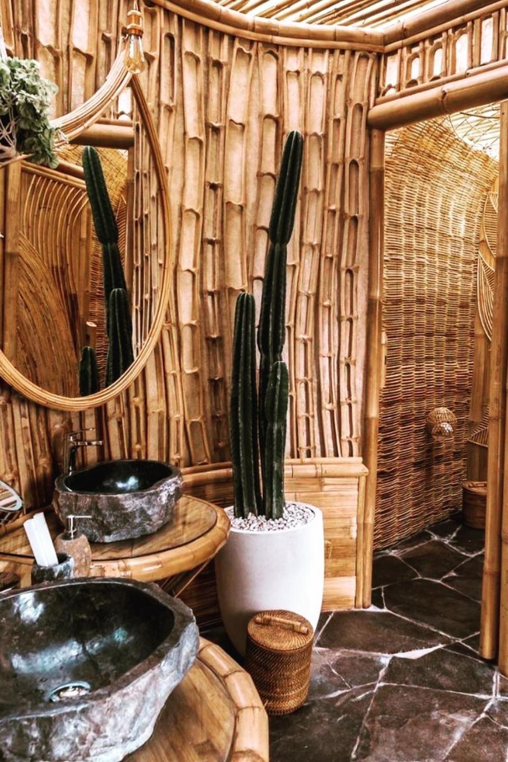 Bathroom featuring bamboo walls and rustic elements