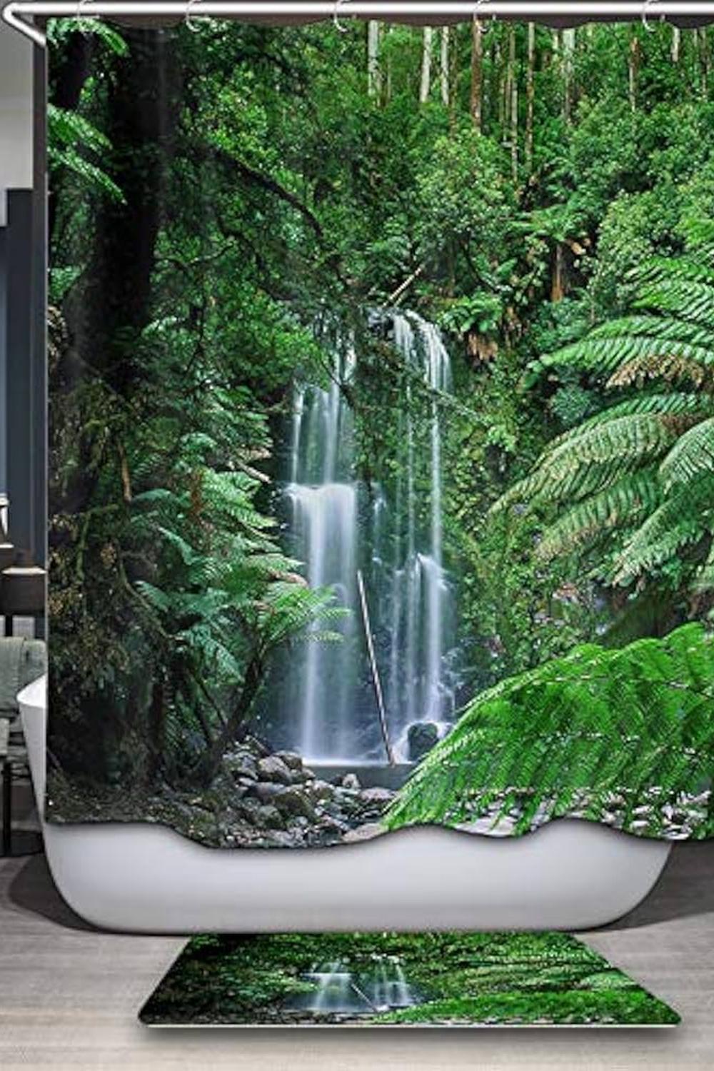 Bathroom featuring a high-resolution rainforest shower curtain