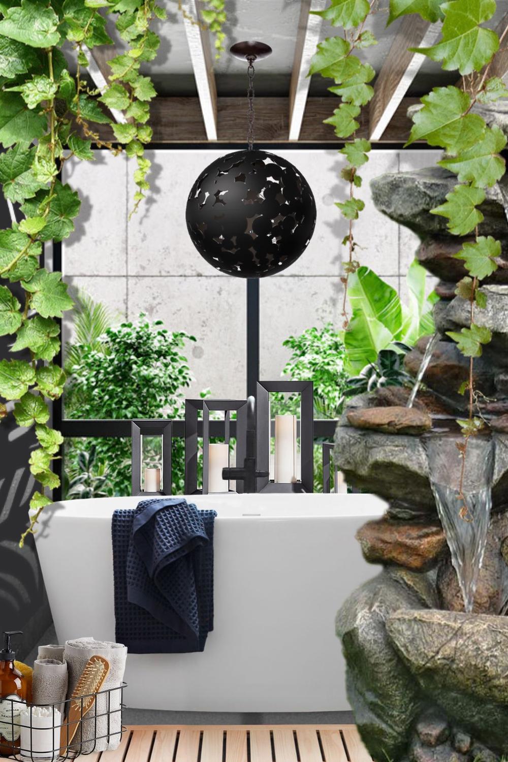 Sleek bathroom featuring freestanding bathtub and lush green surroundings