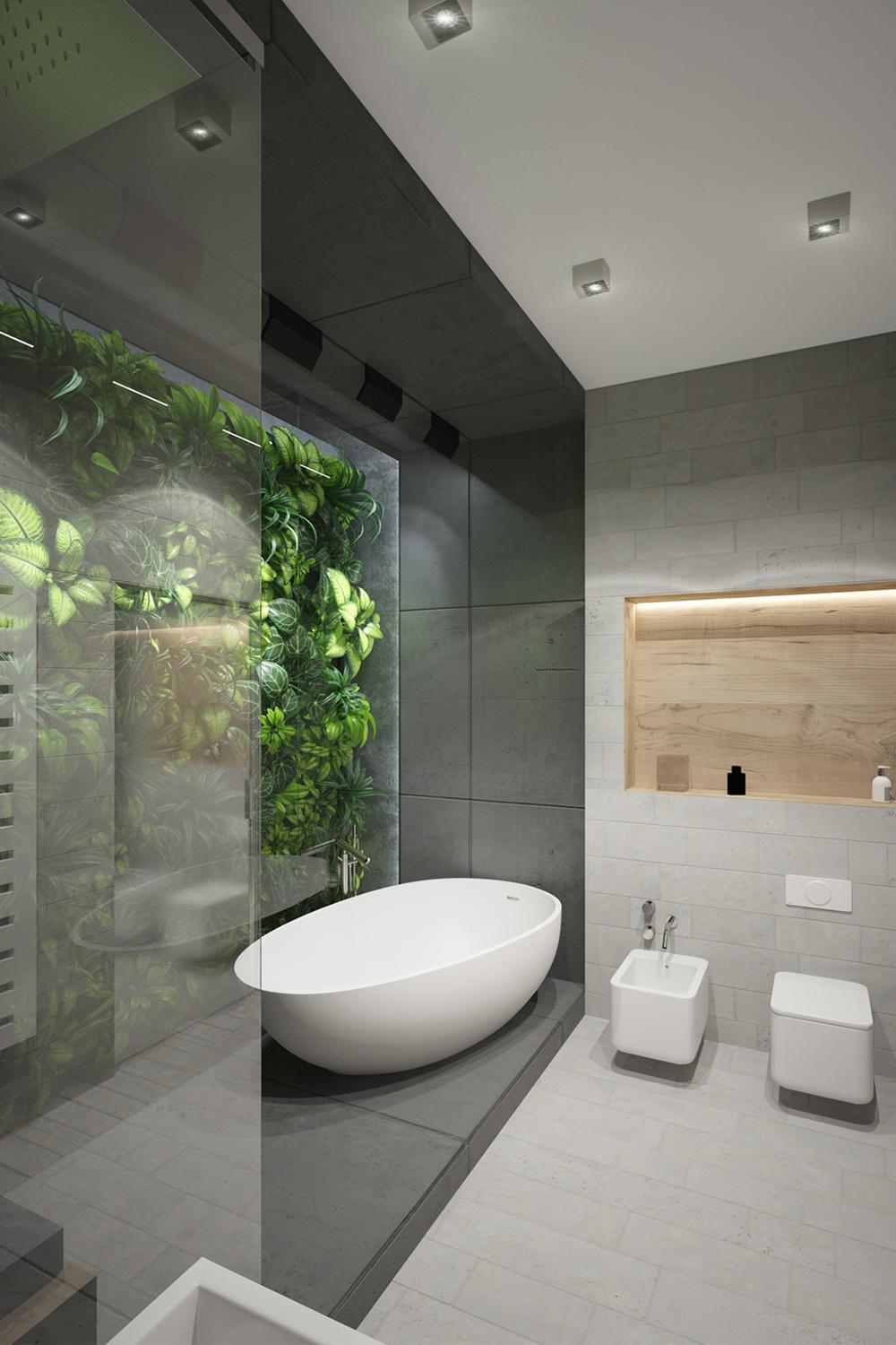 Contemporary rainforest bathroom featuring vertical garden
