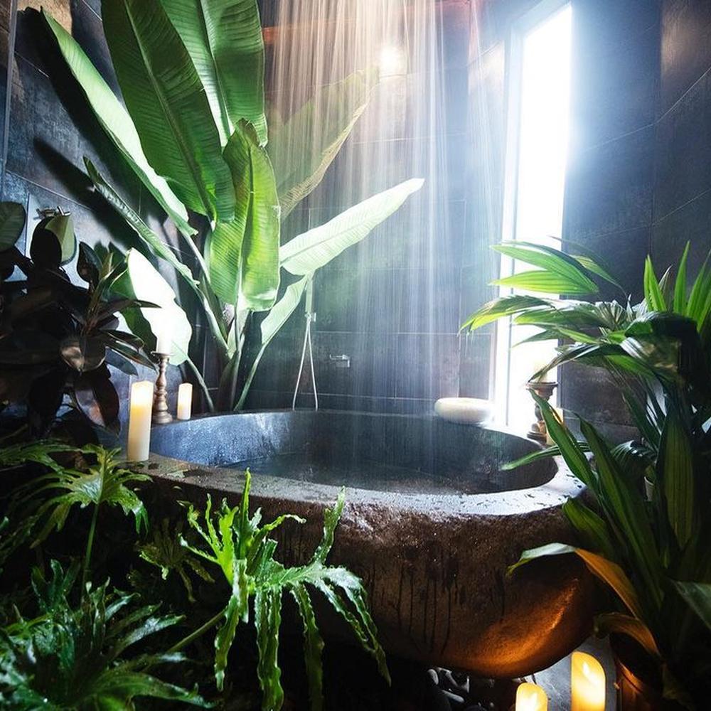 Natural stone bathroom featuring lush greenery