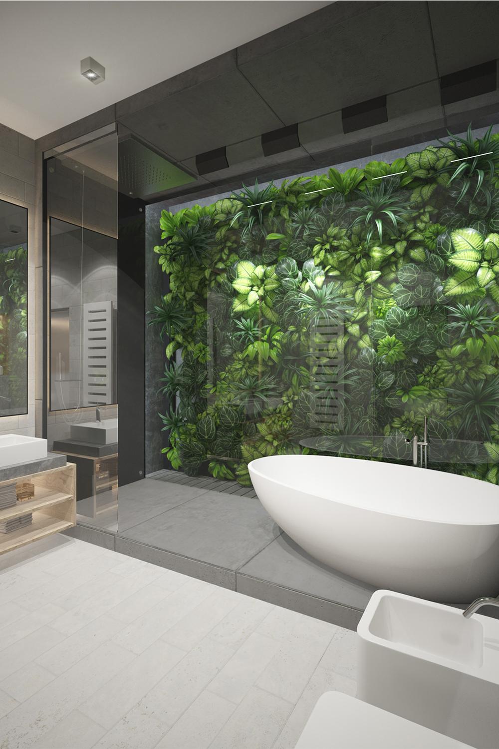 Contemporary bathroom featuring a vertical green wall and minimalist style